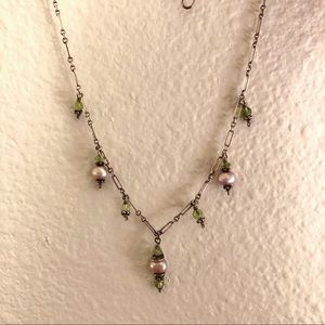 Silver chain necklace with purple/green charms